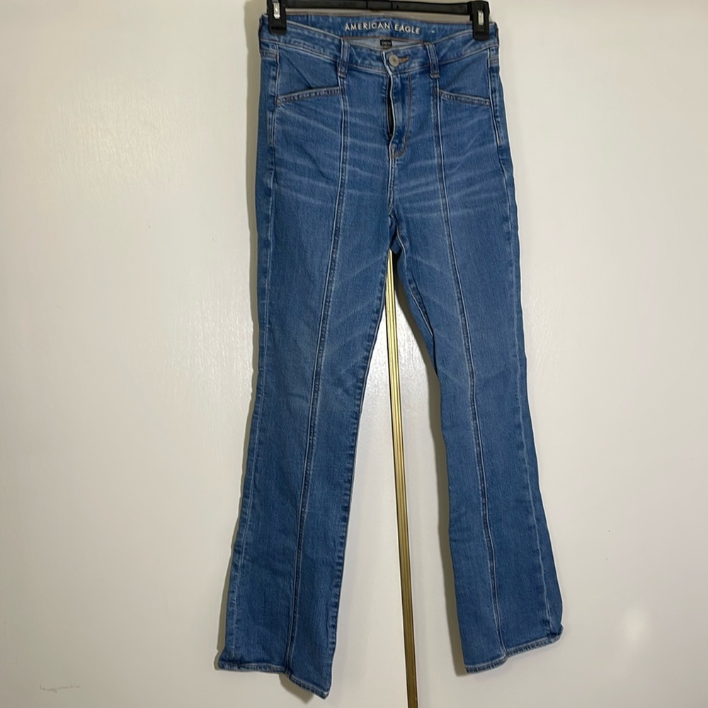 American eagle stretch Hi-rise skinny kick boot jeans in size 8 medium blue